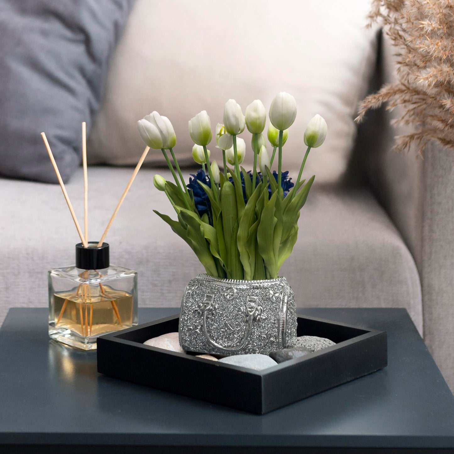 White Tulips Designer Bag Vase