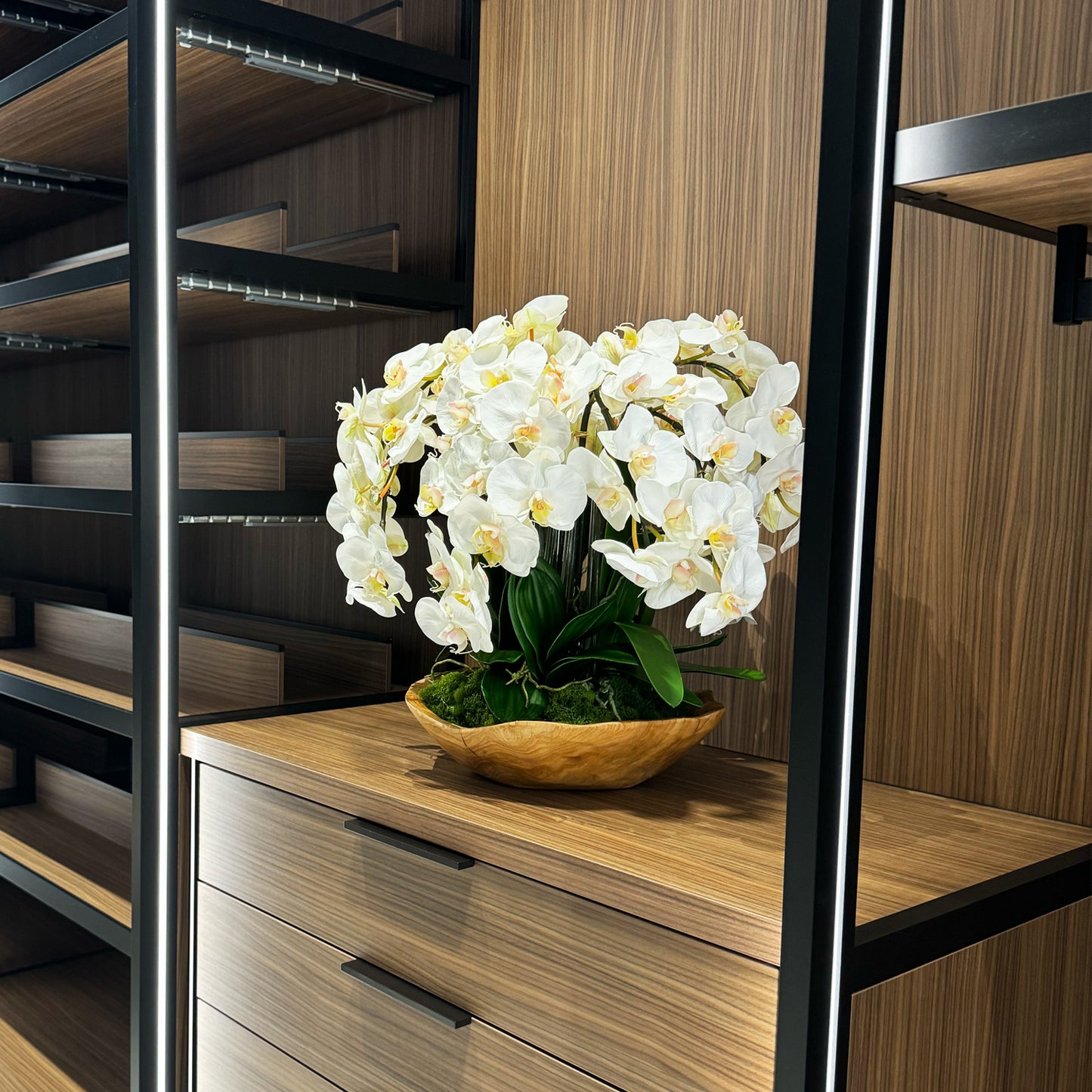 Withe Orchids With Wood Vase