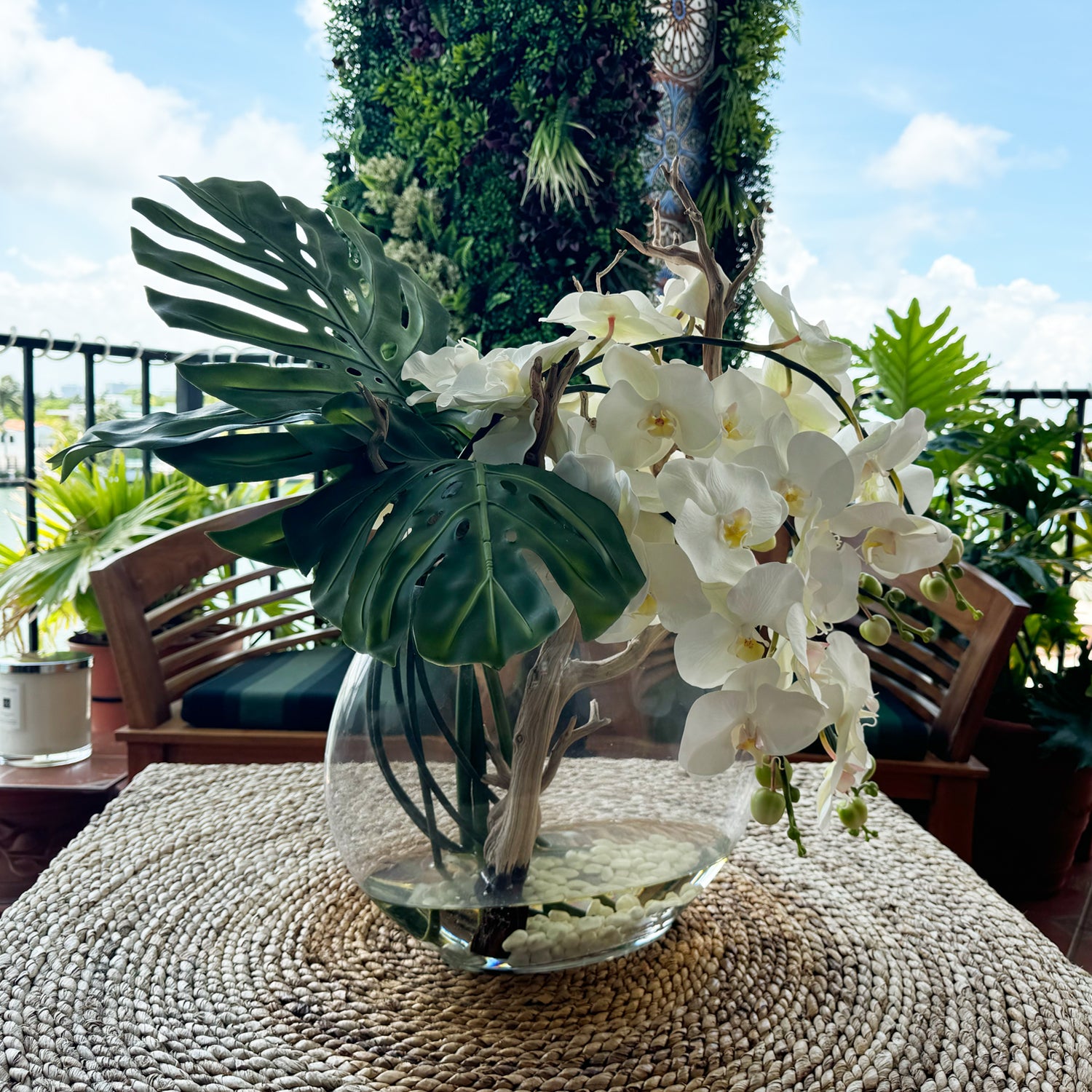 monstera plant arrangement Bowl with Monstera and White Orchids