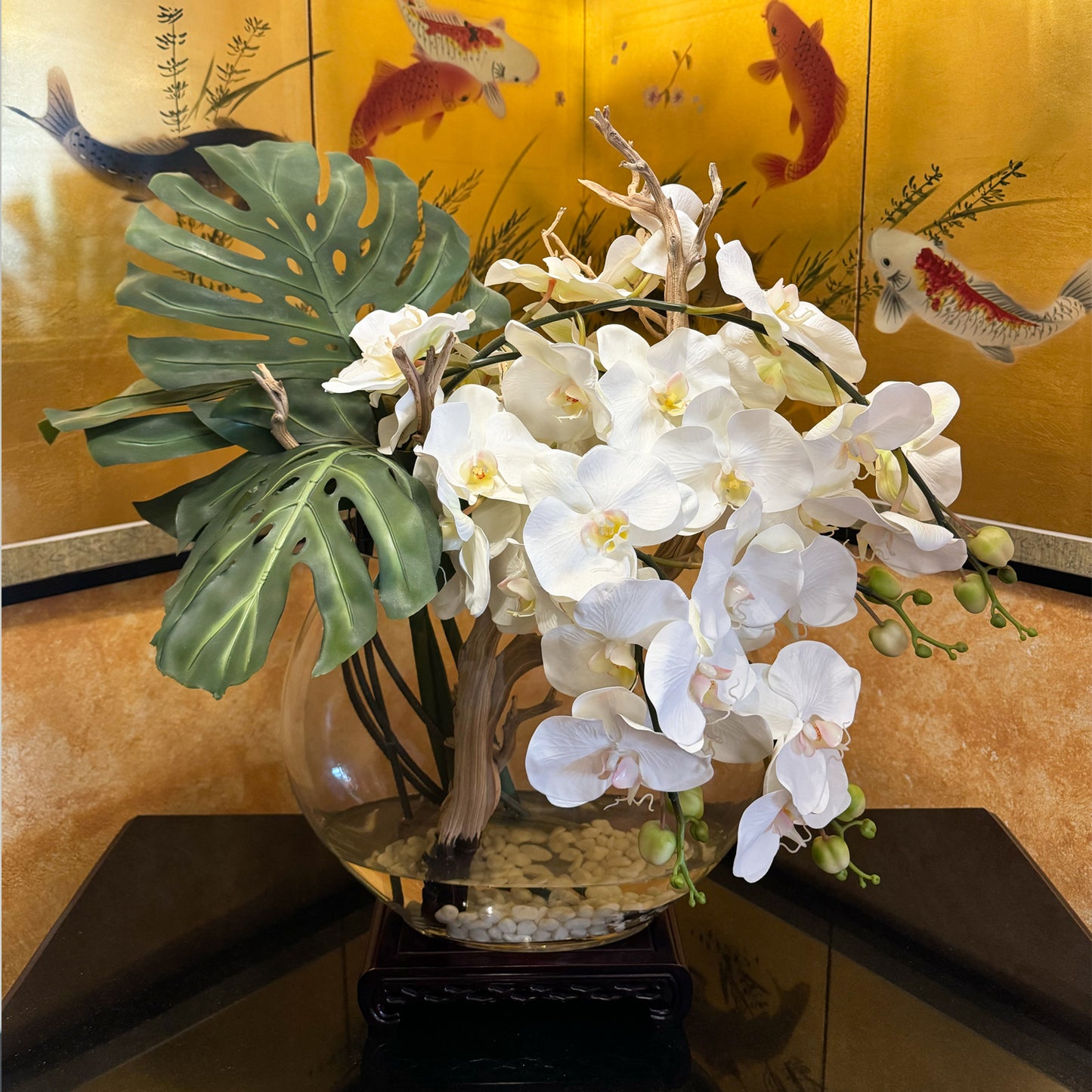 Bowl with Monstera and White Orchids